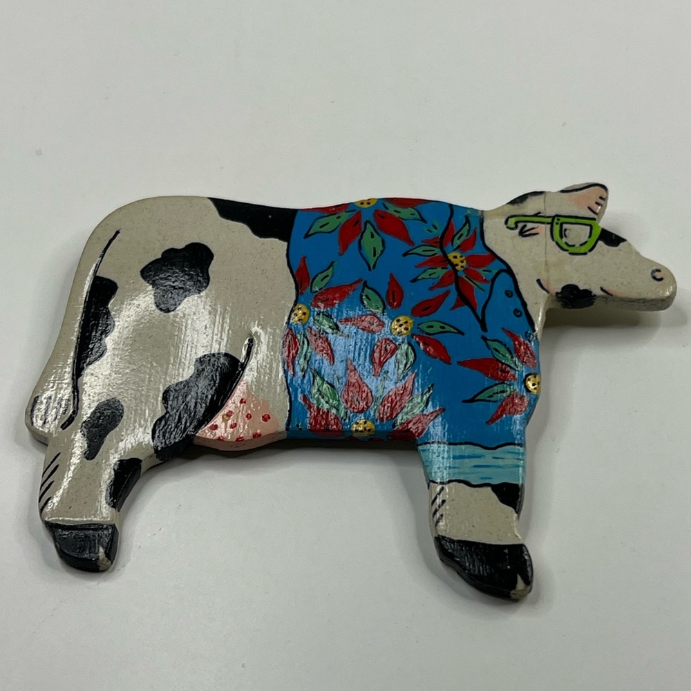 Vintage Hand Painted Cow Brooch/Pin "Hawaiian Moo-Wow" by J. Crawford